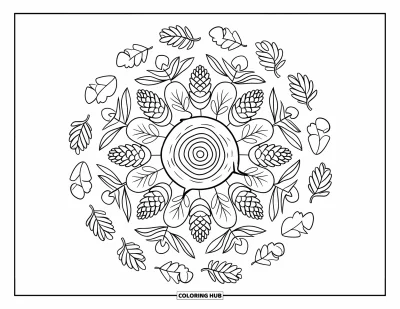 Coloriage de mandala d'automne pour enfants : Souche d'arbre entourée d'anneaux de mandala de champignons, pommes de pin et feuilles