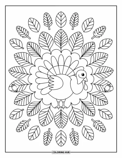 Coloriage de mandala d'automne pour enfants : Corps de dinde rempli d'anneaux de mandala de plumes, feuilles et glands