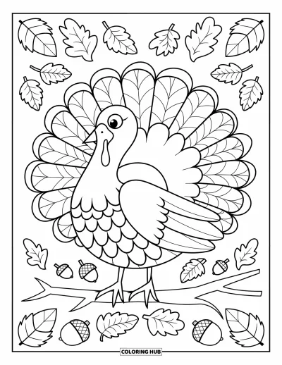 Coloriage de mandala d'automne pour enfants : Dinde perchée dans des couches de mandala de feuilles et plumes