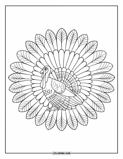 Coloriage de mandala d'automne pour enfants : Dinde entourée d'anneaux alternés de mandala en plumes et feuilles