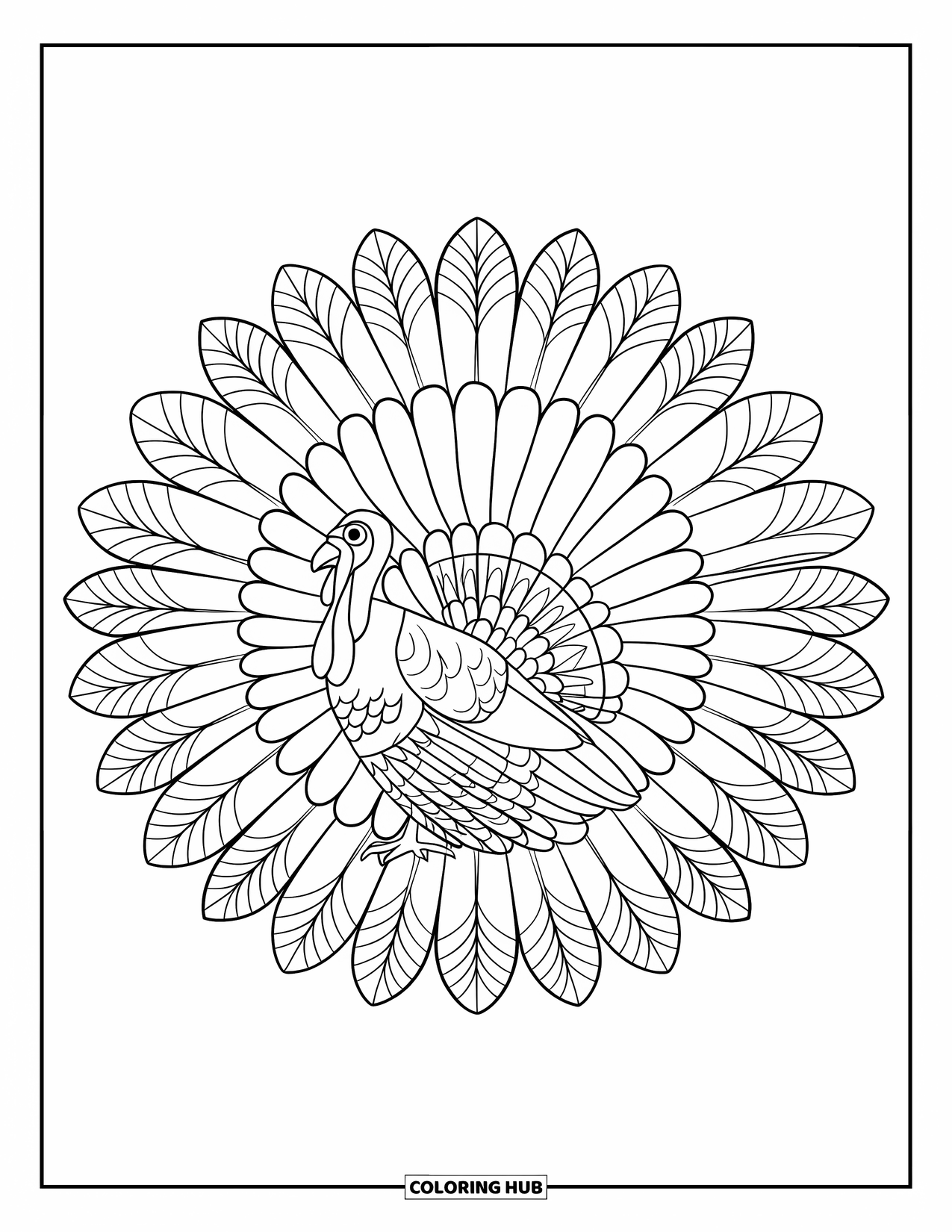 Fall Mandala Coloring Page for Kids: Turkey surrounded by alternating feather and leaf mandala rings