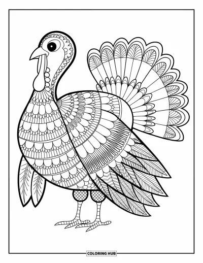 Coloriage de mandala d'automne pour enfants : Dinde entourée de motifs pleine page de mandala en plumes et glands