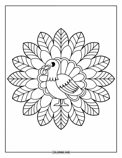 Coloriage de mandala d'automne pour enfants : Dinde avec des couches rayonnantes de mandala en plumes et feuilles