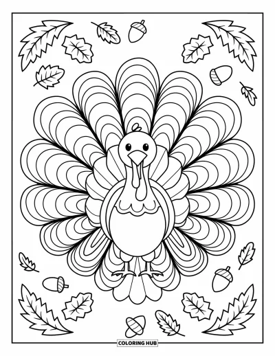 Coloriage de mandala d'automne pour enfants : Dinde avec ruban entourée de glands, plumes et feuilles d'automne