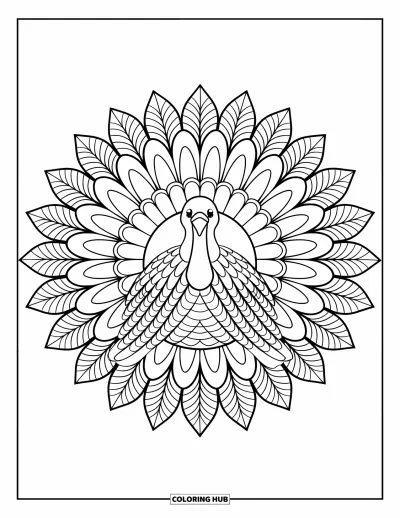 Coloriage de mandala d'automne pour enfants : Dinde aux détails d'ailes encadrée d'anneaux de mandala de plumes et feuilles