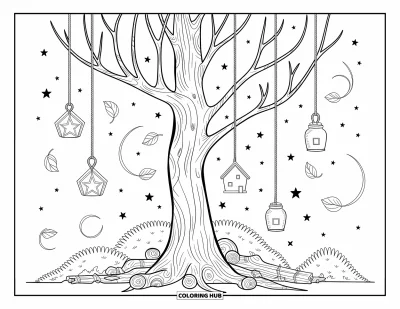 Coloriage d'arbre d'automne pour adultes : Un arbre féerique resplendit avec des lanternes suspendues, des feuilles enroulées et une lune qui pointe