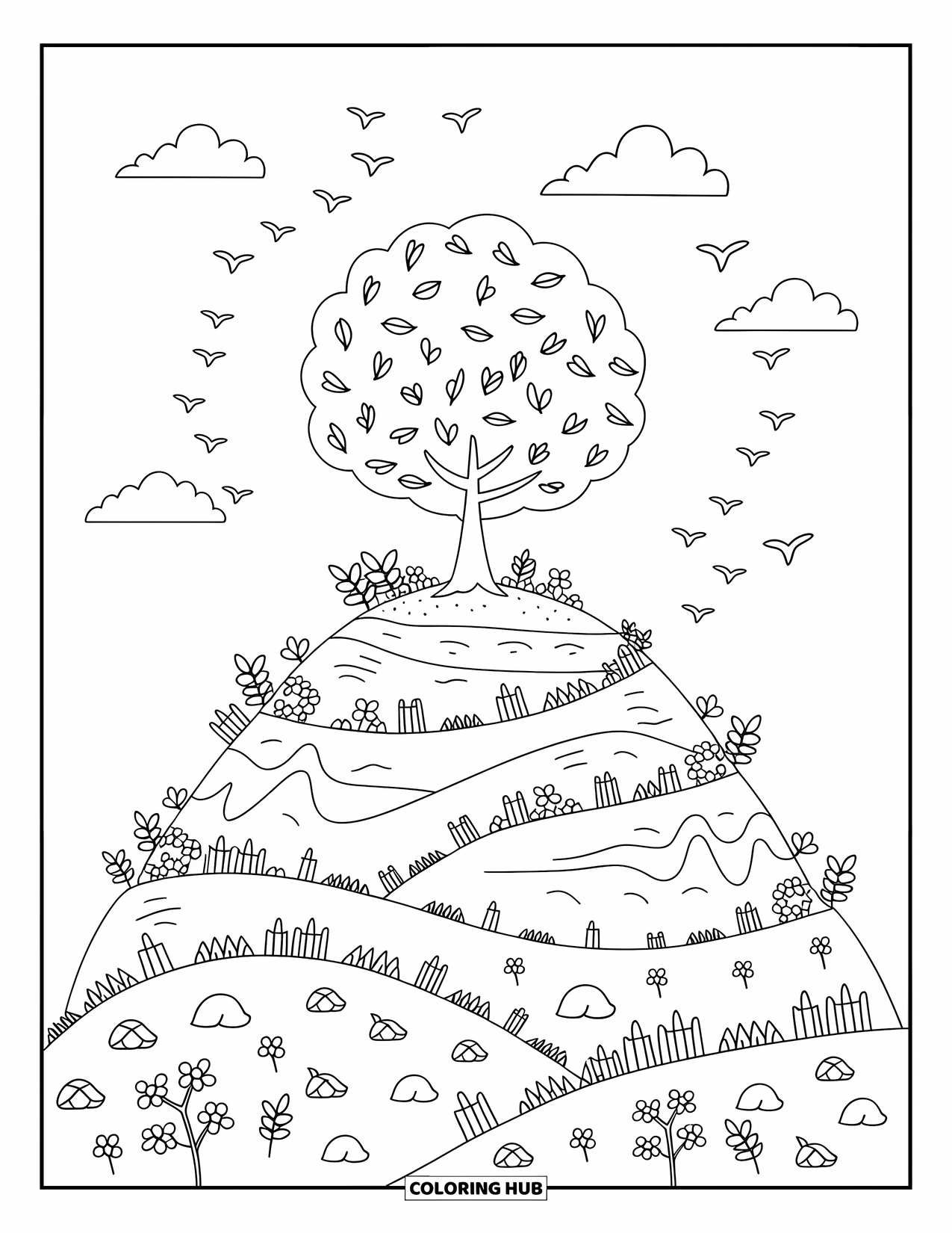 Fall Tree Coloring Page for Adults: A rounded fall tree stands on a hill with wildflowers, vines, and birds