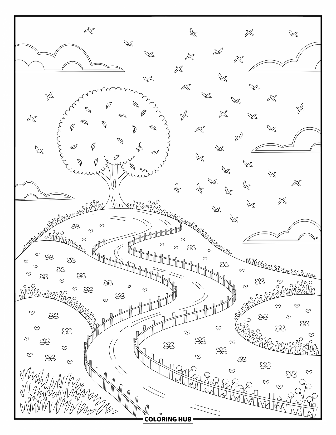 Fall Tree Coloring Page for Adults: A single tree on a hill with swirling leaves, flowers, and flying birds