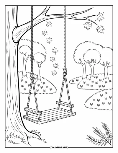 Coloriage d'arbre d'automne pour adultes : Une balançoire en bois est suspendue à un grand arbre avec des feuilles d'automne tourbillonnantes