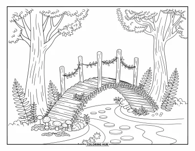 Coloriage d'arbre d'automne pour adultes : Des arbres d'automne encadrent un pont de liane avec des pierres de gué et des détails forestiers feuillus