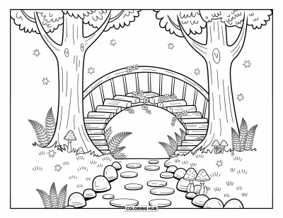 Coloriage d'arbre d'automne pour adultes : Pont au-dessus d'un ruisseau tranquille entre deux arbres avec de douces fougères et des champignons
