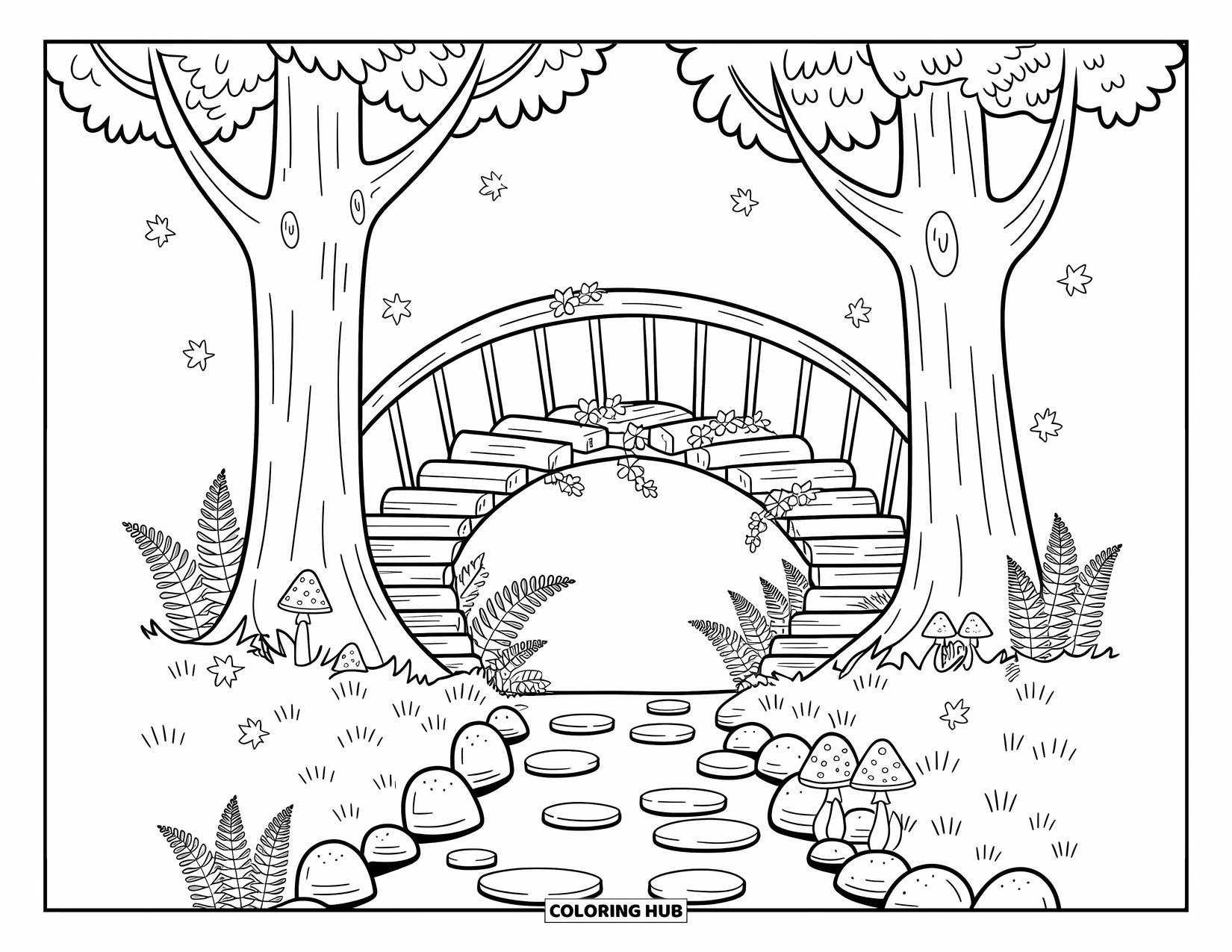 Fall Tree Coloring Page for Adults: Bridge over a gentle stream between two trees with cozy ferns and mushrooms