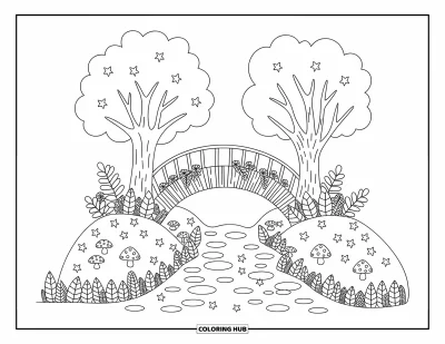 Coloriage d'arbre d'automne pour adultes : Pont courbé entre des arbres d'automne avec un ruisseau, des champignons et des tas de feuilles éparpillées