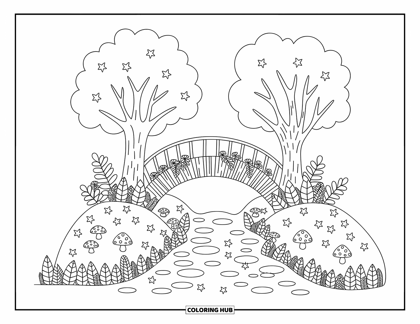 Fall Tree Coloring Page for Adults: Curved bridge between fall trees with a stream, mushrooms, and scattered leaf piles