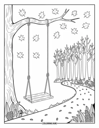 Coloriage d'arbre d'automne pour adultes : Balançoire d'automne sous un grand arbre entouré de sentiers forestiers et de feuilles tombantes
