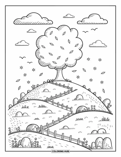Coloriage d'arbre d'automne pour adultes : Arbre d'automne sur une douce colline avec des clôtures, des tourbillons de feuilles et des nuages moelleux