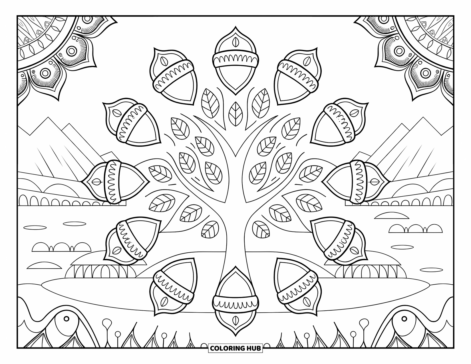 Fall Tree Coloring Page for Adults: Fall tree surrounded by mandala leaves and acorns with mountains and a peaceful lake