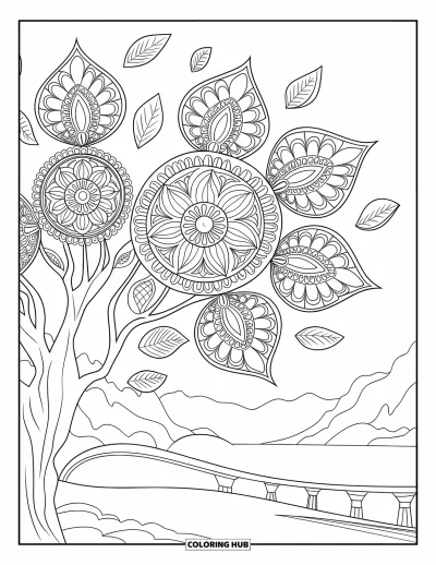 Coloriage d'arbre d'automne pour adultes : Arbre d'automne avec des feuilles en mandala à côté de montagnes, d'un pont et d'un lac paisible