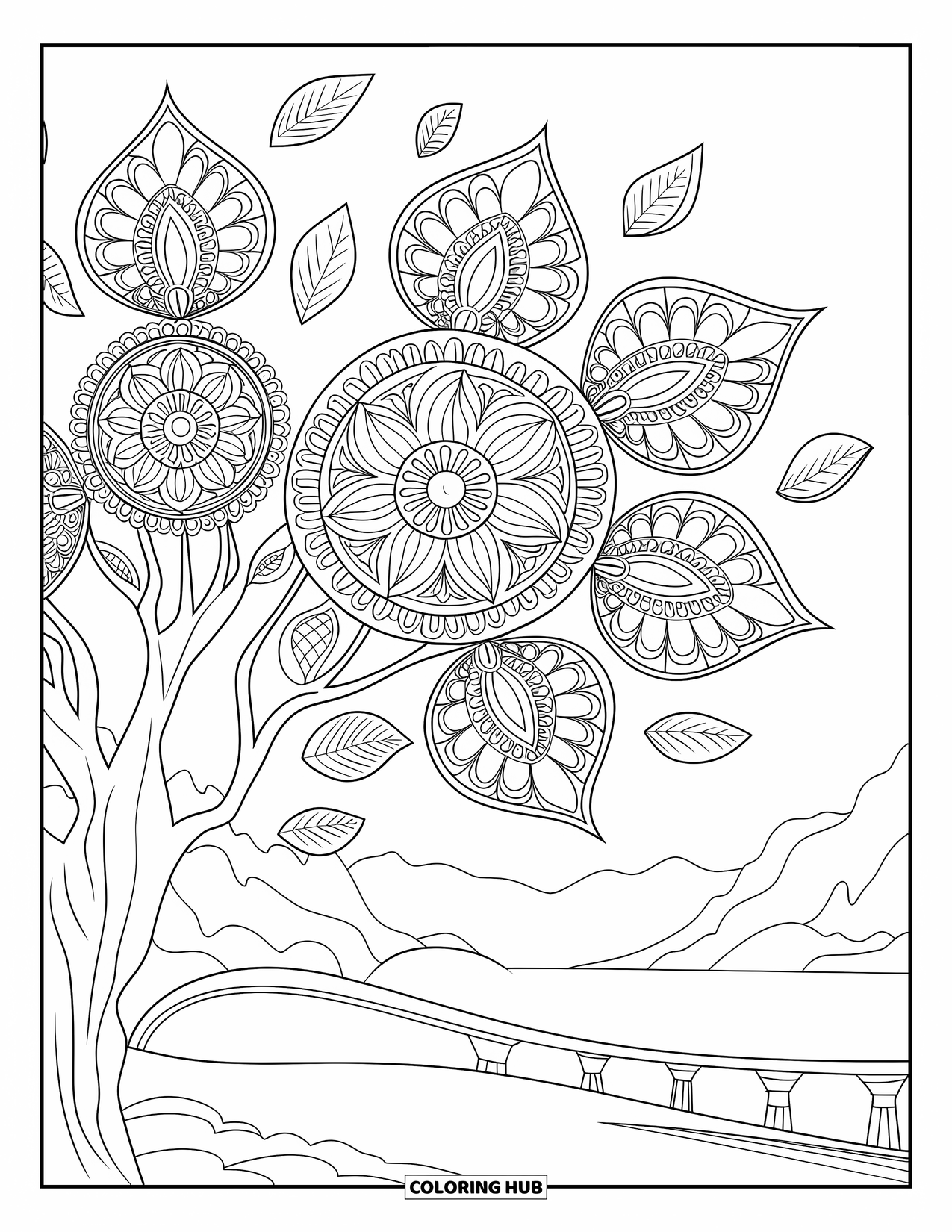 Fall Tree Coloring Page for Adults: Fall tree with mandala leaves beside mountains, bridge, and a calm lake