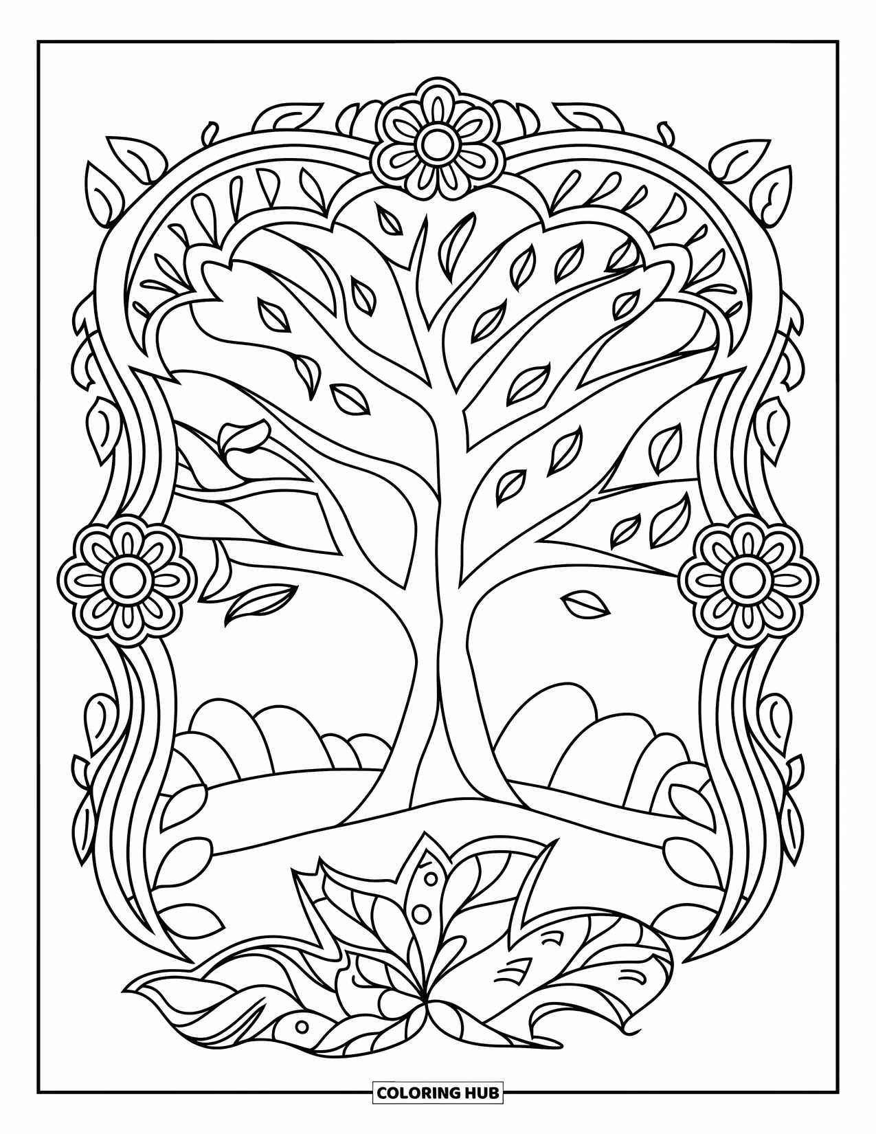Fall Tree Coloring Page for Adults: Fall tree with mandala vines, rocks, and a leaf in the foreground