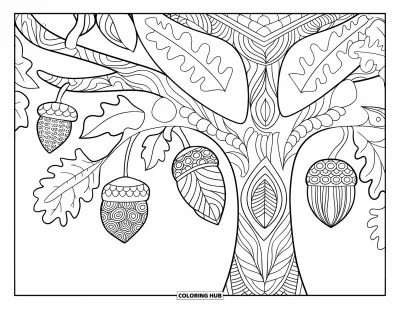 Coloriage d'arbre d'automne pour adultes : Arbre d'automne avec un tronc orné enveloppé de feuilles en mandala et de détails artistiques
