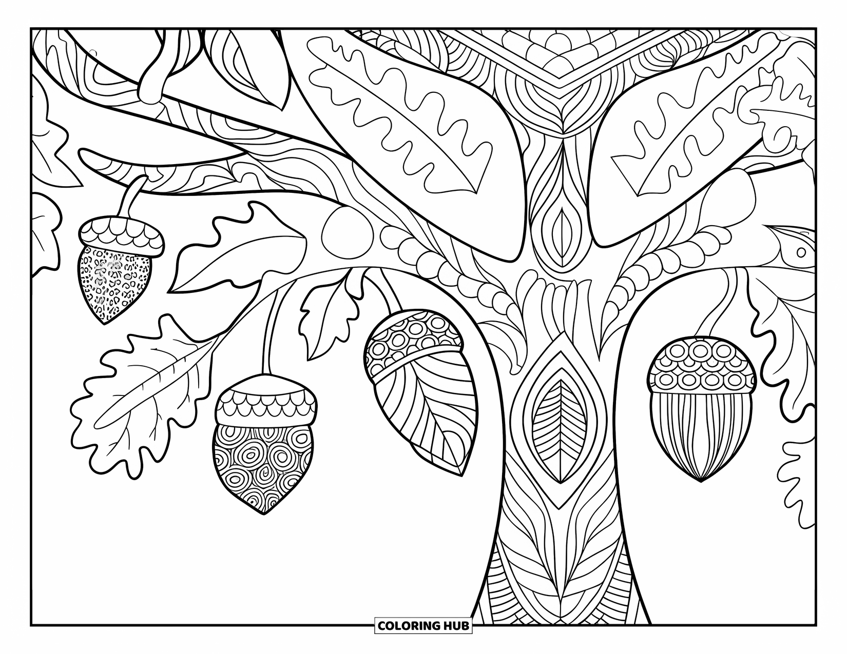 Fall Tree Coloring Page for Adults: Fall tree with patterned trunk wrapped in mandala leaves and artistic details
