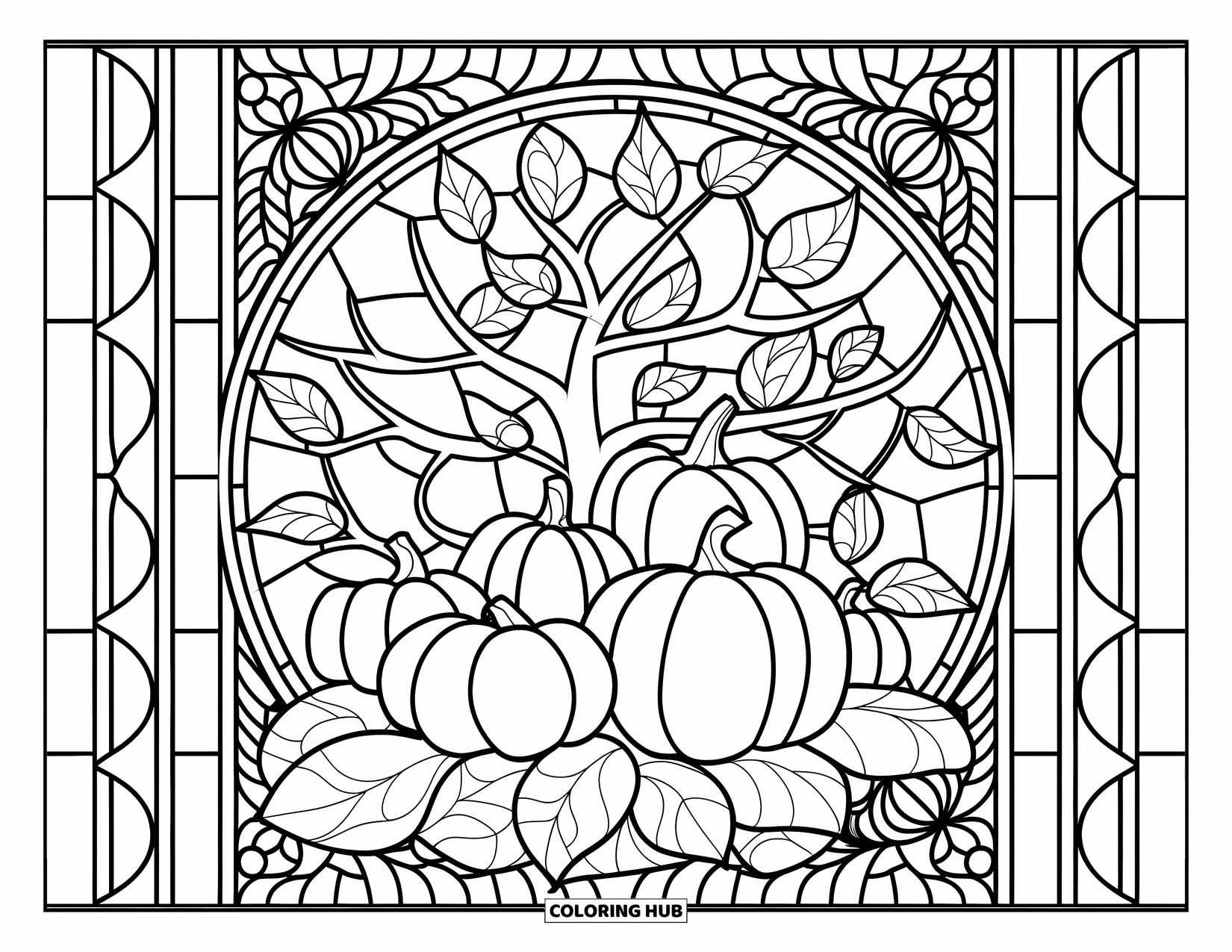 Fall Tree Coloring Page for Adults: Fall tree with pumpkins and leaves inside a stained-glass window frame