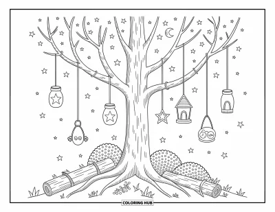 Coloriage d'arbre d'automne pour adultes : Arbre illuminé par des lanternes entouré de bûches, de buissons, de feuilles en spirale et un ciel nocturne enchanté