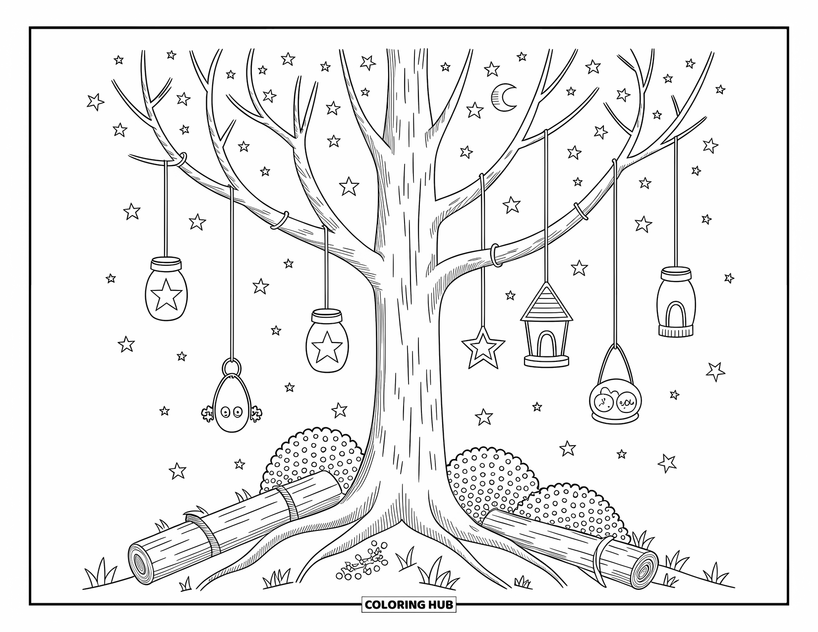 Fall Tree Coloring Page for Adults: Lantern-lit tree surrounded by logs, bushes, spiraling leaves, and a dreamy moonlit sky