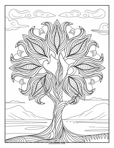 Coloriage d'arbre d'automne pour adultes : Des feuilles en mandala s'étendent depuis un arbre d'automne près de montagnes et d'un ciel nuageux