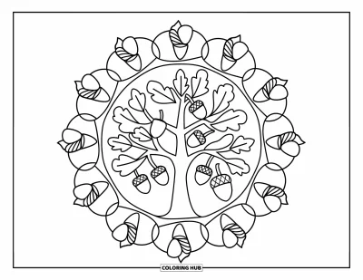 Coloriage d'arbre d'automne pour adultes : Un mandala de glands et de feuilles entoure un arbre d'automne sur fond blanc