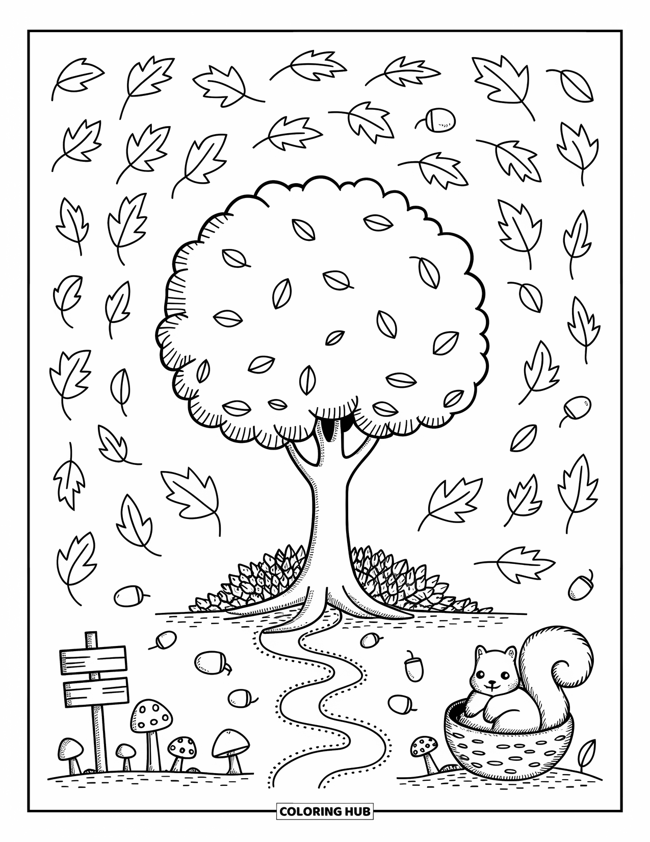 Fall Tree Coloring Page for Adults: Round fall tree in a clearing with swirling leaves and a cozy squirrel nest