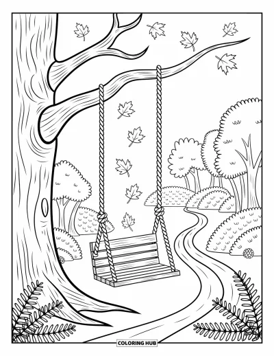 Coloriage d'arbre d'automne pour adultes : Balançoire rustique sous un grand arbre avec des fougères éparpillées et un sol couvert de feuilles