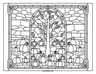 Coloriage d'arbre d'automne pour adultes : Arbre d'automne en vitrail avec des citrouilles, des feuilles, des nuages et des bâtiments chaleureux