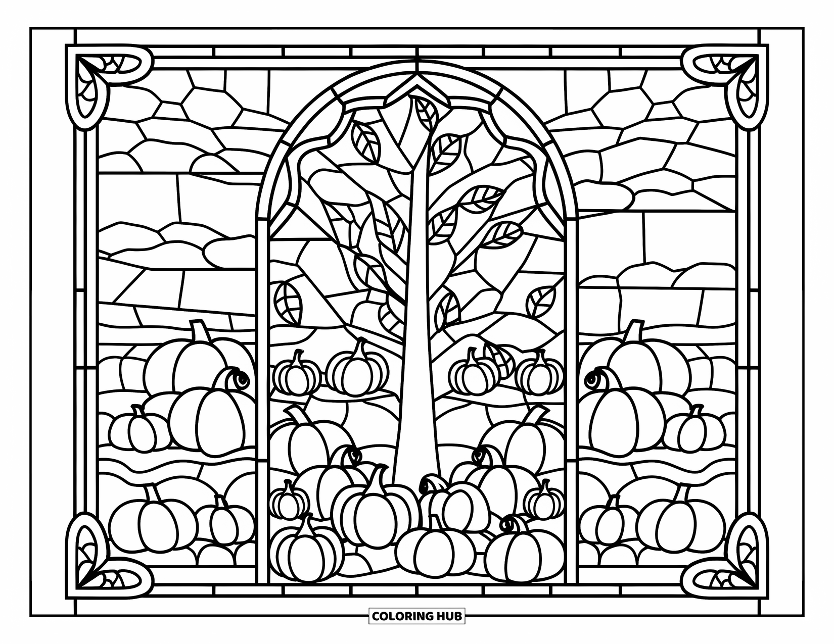 Fall Tree Coloring Page for Adults: Stained-glass fall tree with pumpkins, leaves, clouds, and cozy buildings