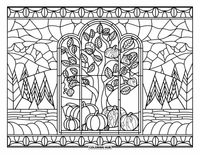 Coloriage d'arbre d'automne pour adultes : Scène en vitrail avec un arbre, des citrouilles, un lac et un pont de montagne
