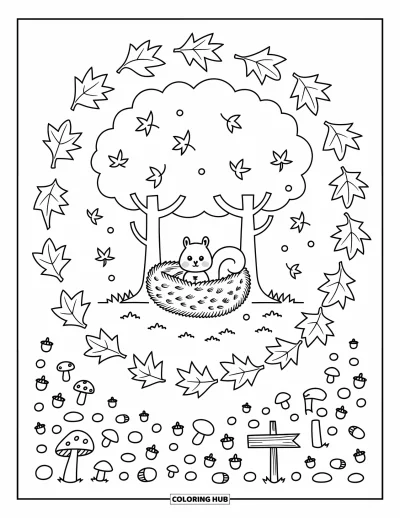 Coloriage d'arbre d'automne pour adultes : Des feuilles tourbillonnantes encerclent un arbre d'automne avec des glands, des brindilles et un nid d'écureuil
