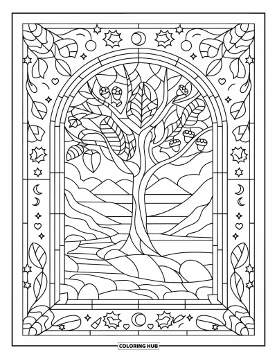 Coloriage d'arbre d'automne pour adultes : Arbre encadré de glands et de feuilles avec des étoiles, des cœurs et un sentier de montagne