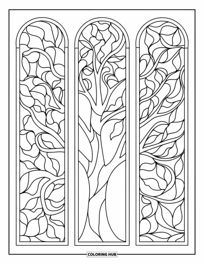 Coloriage d'arbre d'automne pour adultes : Arbre entouré de feuilles tourbillonnantes en vitrail, idéal pour une séance de coloriage apaisante