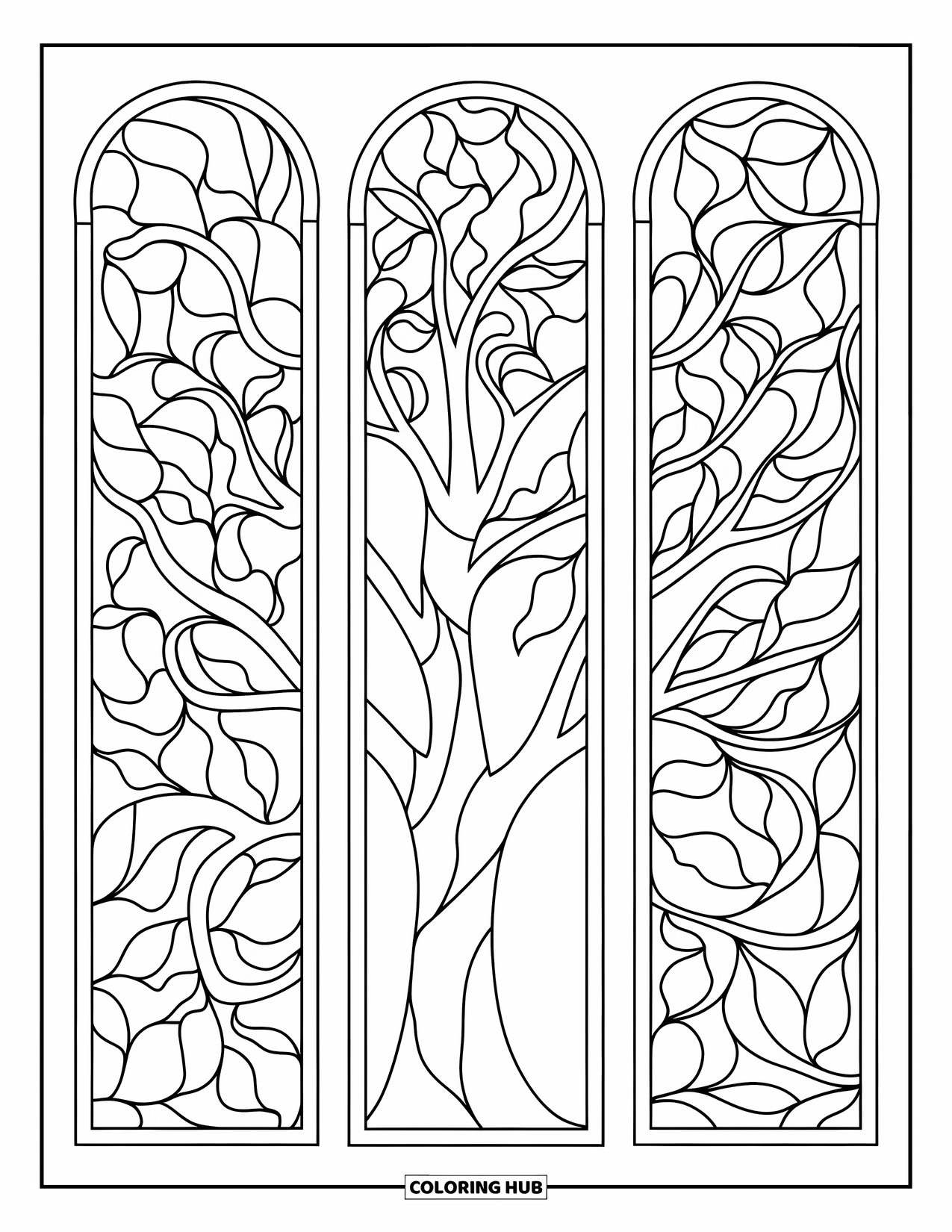 Fall Tree Coloring Page for Adults: Tree surrounded by swirling stained-glass leaves, perfect for peaceful coloring
