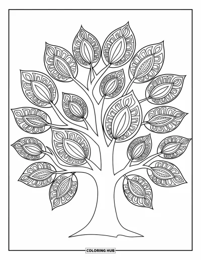 Coloriage d'arbre d'automne pour adultes : Arbre avec des feuilles en mandala s'étendant vers l'extérieur sur un fond blanc
