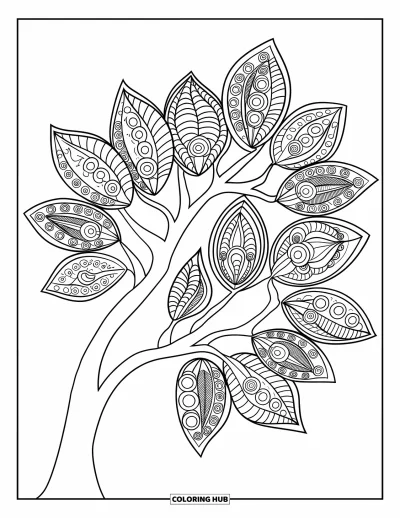 Coloriage d'arbre d'automne pour adultes : Arbre avec de belles feuilles en mandala aux motifs géométriques ornés