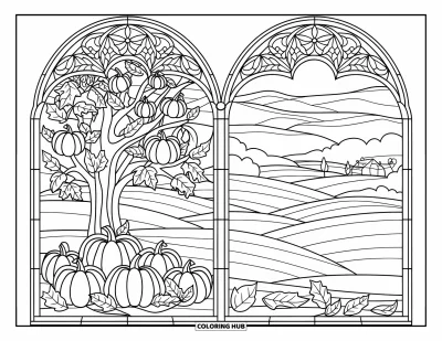 Coloriage d'arbre d'automne pour adultes : Arbre avec des citrouilles et des feuilles dans un vitrail donnant sur des collines et un village