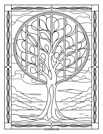 Coloriage d'arbre d'automne pour adultes : Arbre avec des panneaux de feuilles en vitrail, des nuages et une vue sur un lac de montagne