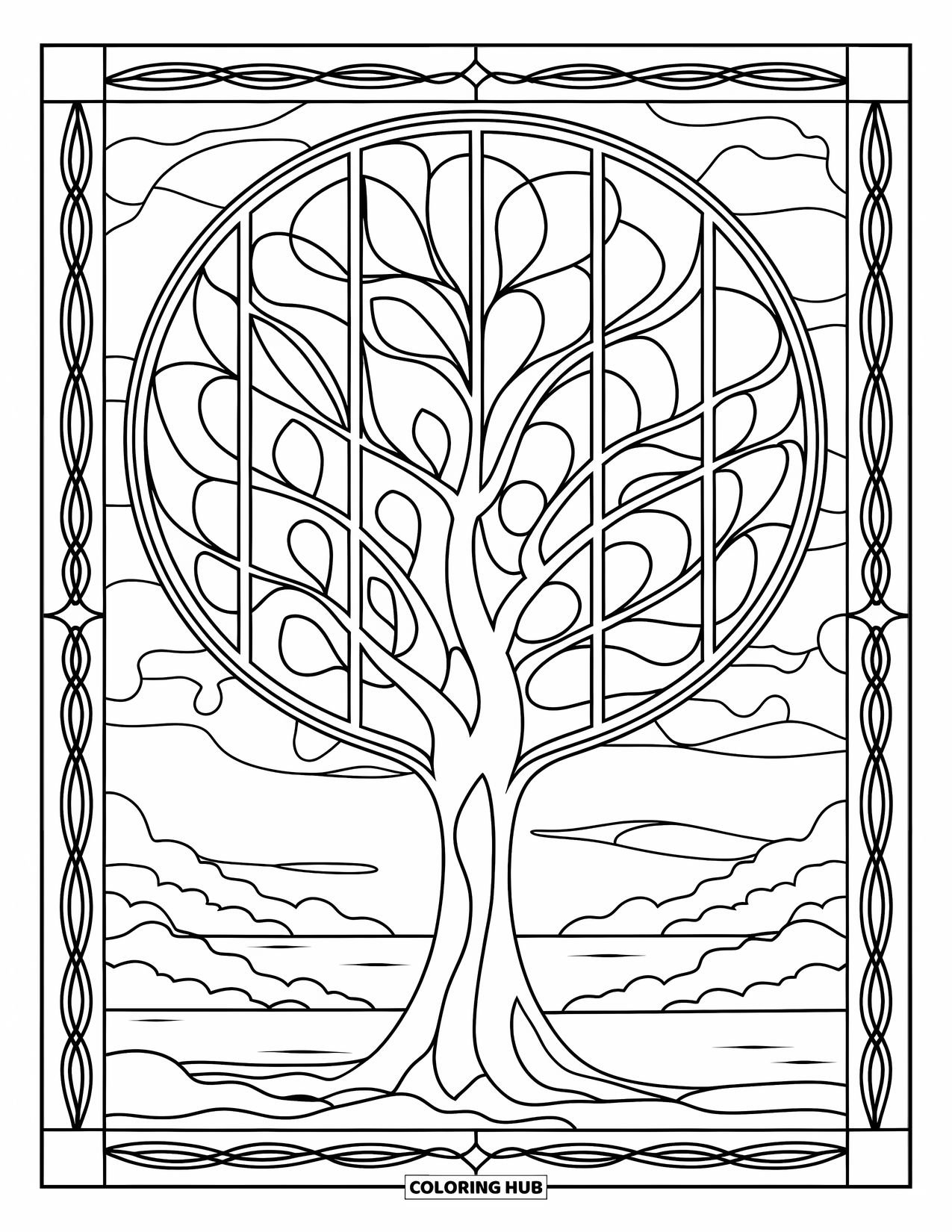 Fall Tree Coloring Page for Adults: Tree with stained-glass leaf panels, clouds, and a mountain lake view