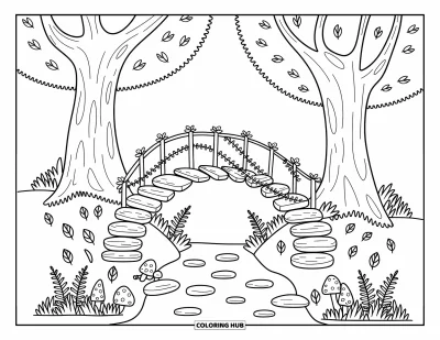 Coloriage d'arbre d'automne pour adultes : Deux arbres d'automne et un pont de liane enjambent un ruisseau avec des fougères et des champignons