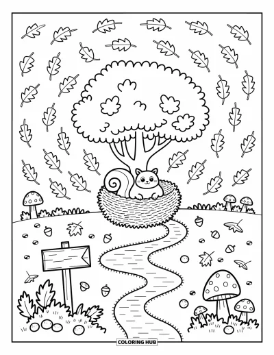 Coloriage d'arbre d'automne pour adultes : Arbre d'automne fantaisiste avec des feuilles tourbillonnantes, des brindilles et le petit nid douillet d'un écureuil
