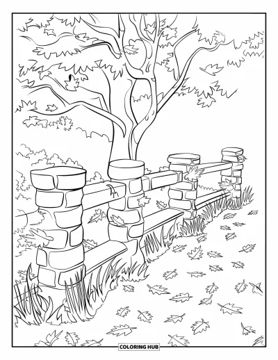 Coloriage d'arbre d'automne pour enfants : Bel arbre d'automne avec une clôture en pierre et un sol couvert de feuilles
