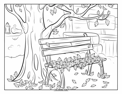 Coloriage d'arbre d'automne pour enfants : Arbre chaleureux et banc avec des feuilles éparpillées et une lanterne à proximité