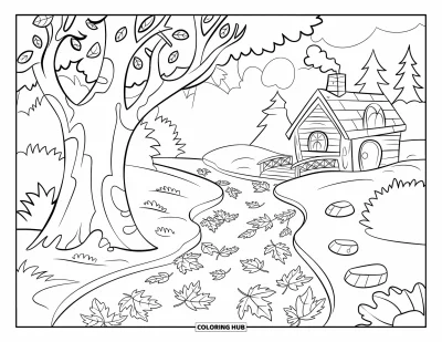 Coloriage d'arbre d'automne pour enfants : Arbre chaleureux avec des feuilles dans un ruisseau près d'un chalet et d'un pont